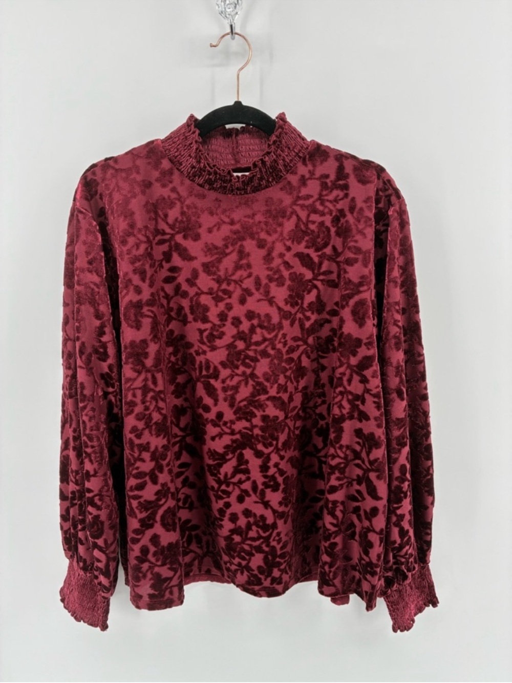 Maurices Burgundy Velour Floral Cuffed Neck & Long Sleeve Top Blouse